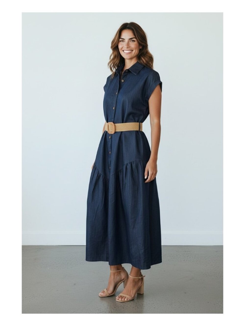 NEW Falling Flower Blue Chambray Belted Midi Shirtdress Women's M